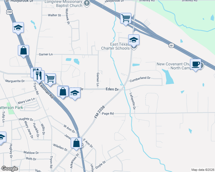 map of restaurants, bars, coffee shops, grocery stores, and more near 1817 Eden Drive in Longview