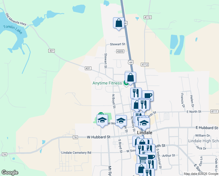 map of restaurants, bars, coffee shops, grocery stores, and more near 405 Crosby Street in Lindale