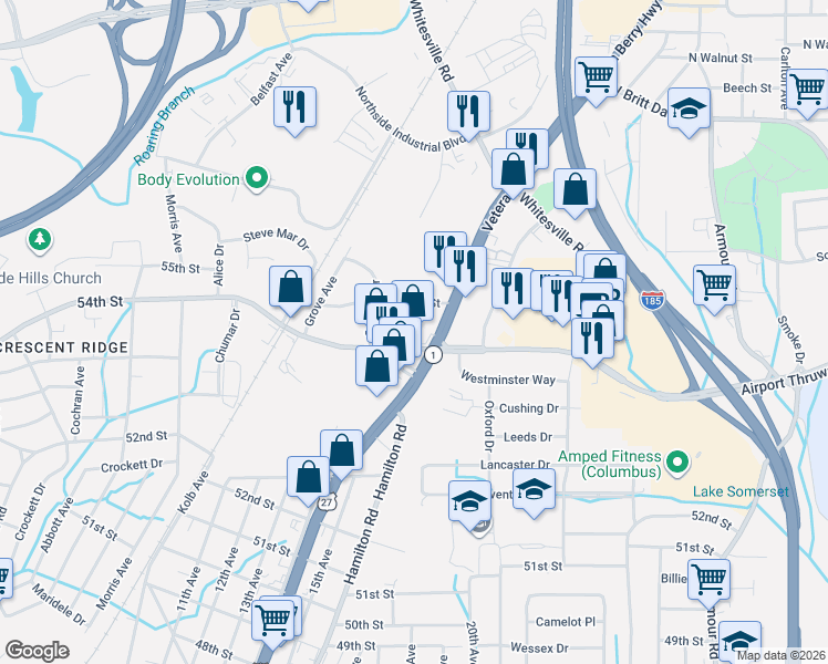 map of restaurants, bars, coffee shops, grocery stores, and more near 5410 15th Avenue in Columbus