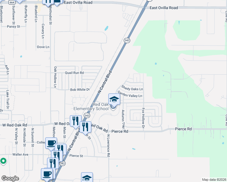 map of restaurants, bars, coffee shops, grocery stores, and more near 213 Shadow Bend Drive in Red Oak