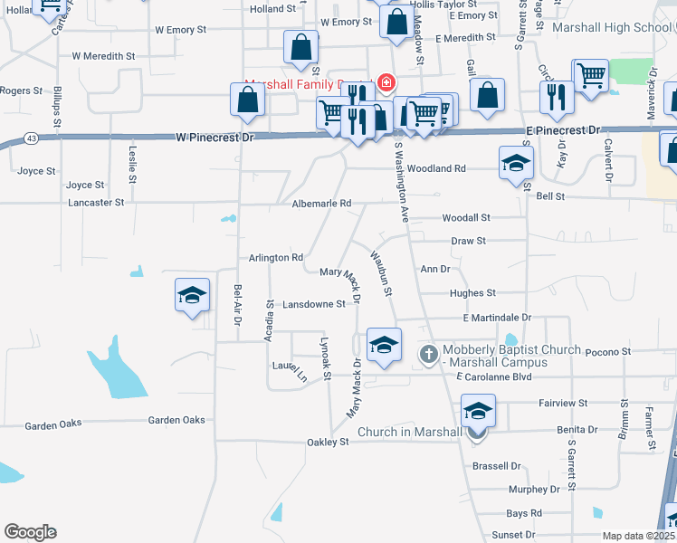 map of restaurants, bars, coffee shops, grocery stores, and more near 2818 Mary Mack Dr in Marshall