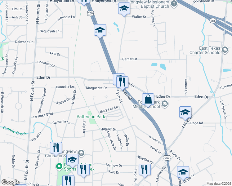 map of restaurants, bars, coffee shops, grocery stores, and more near 2101 North Eastman Road in Longview