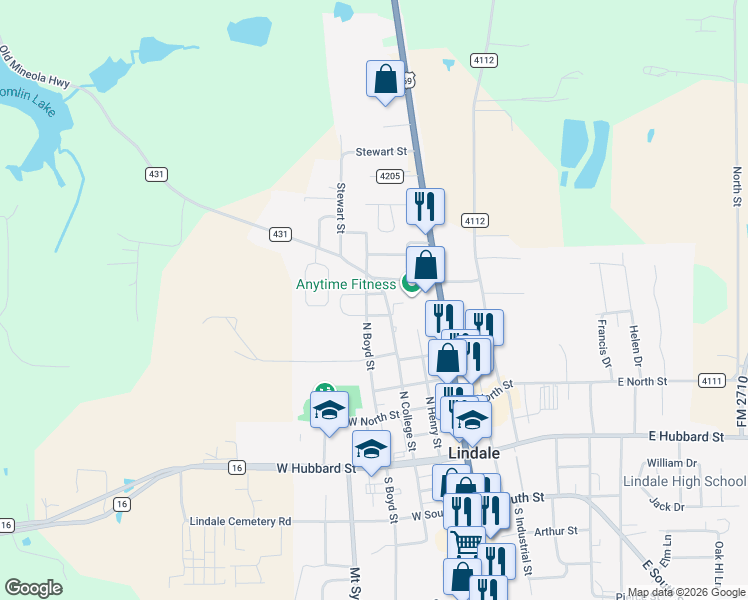 map of restaurants, bars, coffee shops, grocery stores, and more near 700 North College Street in Lindale