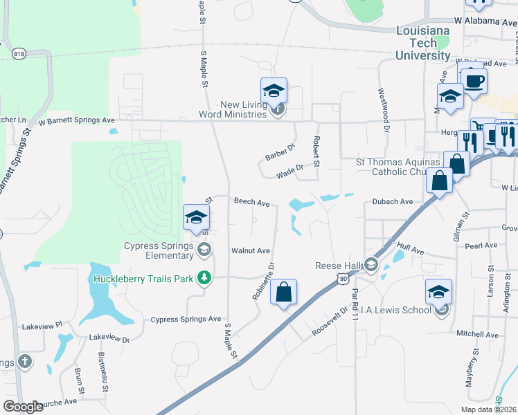 map of restaurants, bars, coffee shops, grocery stores, and more near 901 Dogwood Street in Ruston