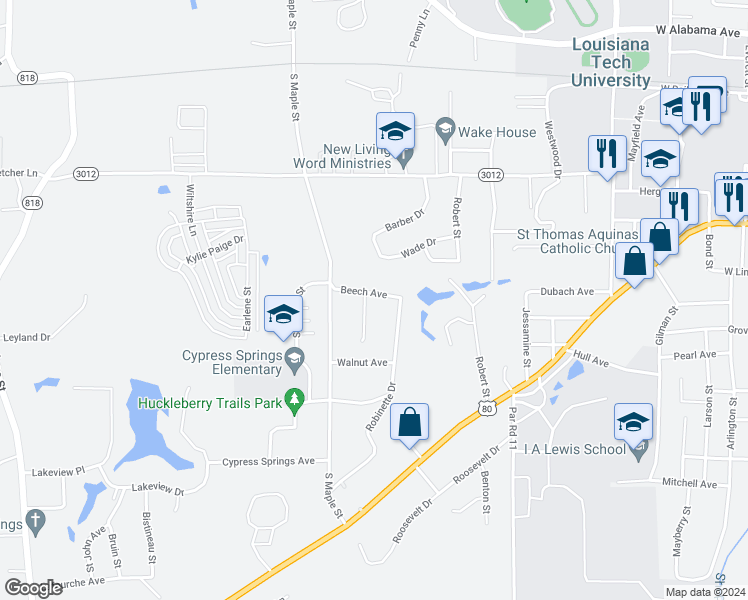 map of restaurants, bars, coffee shops, grocery stores, and more near 901 Dogwood Street in Ruston