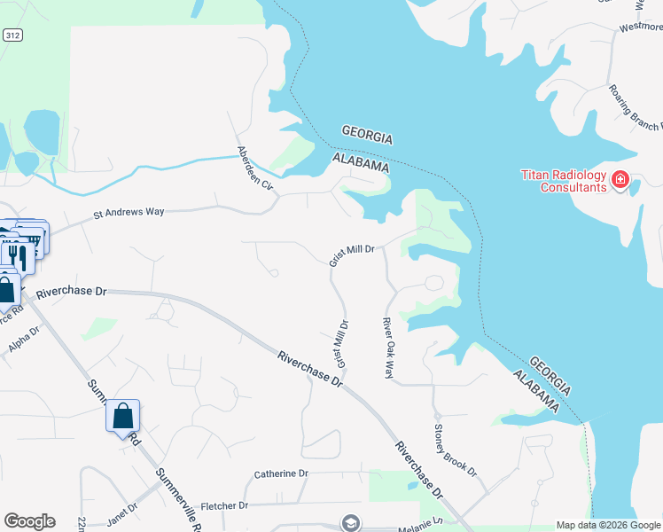 map of restaurants, bars, coffee shops, grocery stores, and more near 1305 Grist Mill Drive in Phenix City