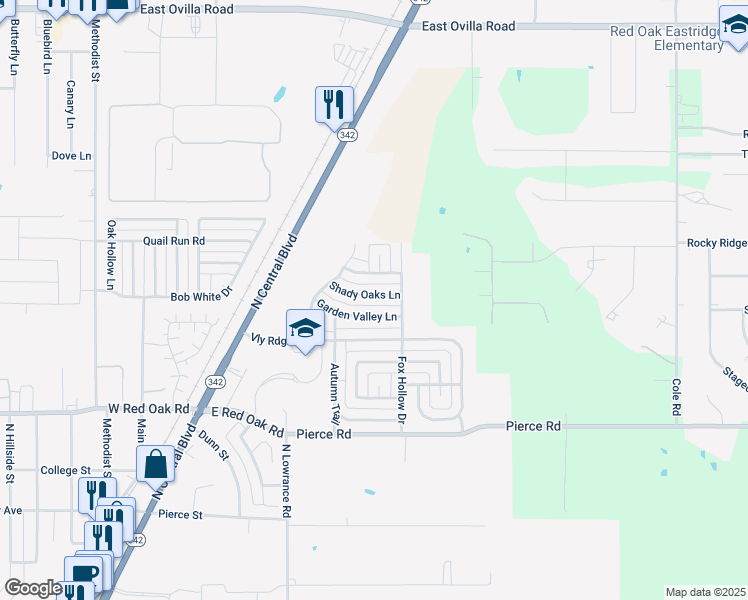 map of restaurants, bars, coffee shops, grocery stores, and more near 220 Shady Oaks Lane in Red Oak