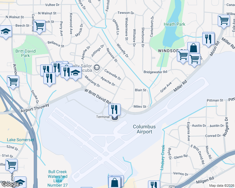 map of restaurants, bars, coffee shops, grocery stores, and more near 5438 Grumman Avenue in Columbus