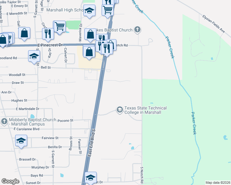 map of restaurants, bars, coffee shops, grocery stores, and more near 2500 East End Boulevard South in Marshall