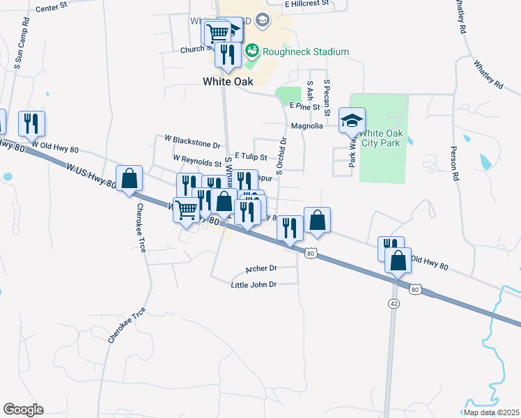 map of restaurants, bars, coffee shops, grocery stores, and more near 105 East Old US 80 in White Oak