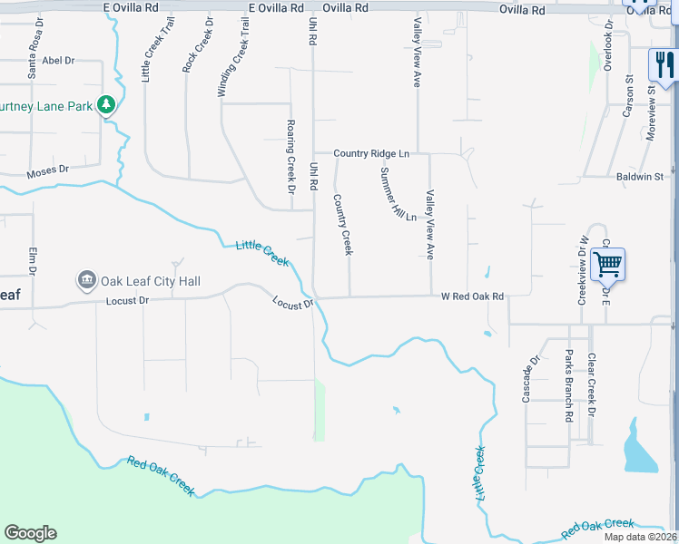 map of restaurants, bars, coffee shops, grocery stores, and more near 935 Country Creek Ln in Red Oak