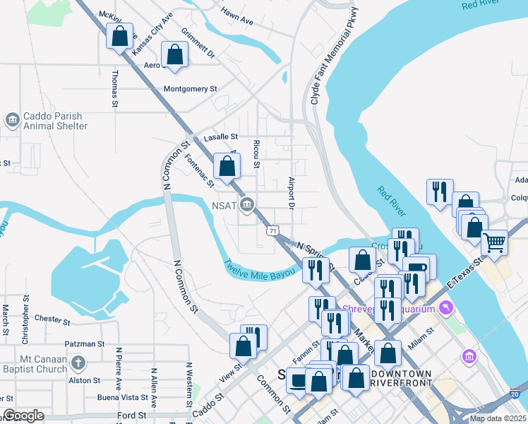 map of restaurants, bars, coffee shops, grocery stores, and more near 208 North Market Street in Shreveport