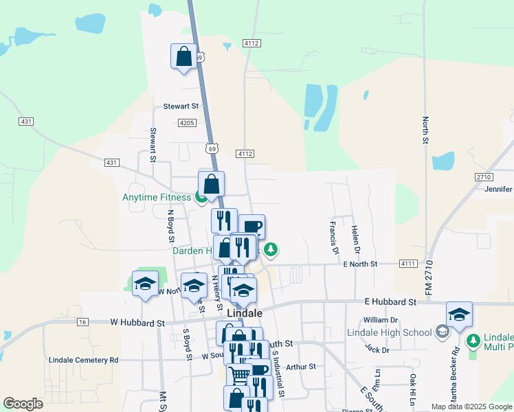 map of restaurants, bars, coffee shops, grocery stores, and more near 313 Washington Street in Lindale