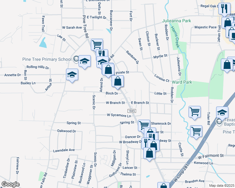 map of restaurants, bars, coffee shops, grocery stores, and more near 114 Birch Drive in Longview