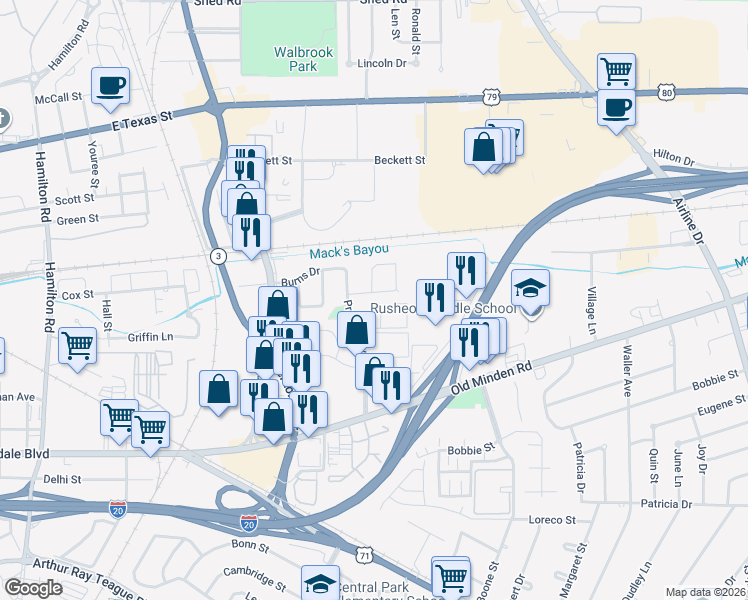 map of restaurants, bars, coffee shops, grocery stores, and more near 504 Preston Boulevard in Bossier City