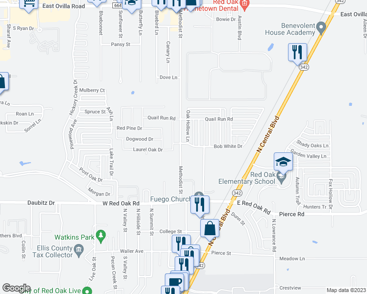 map of restaurants, bars, coffee shops, grocery stores, and more near 100 Bob White Drive in Red Oak