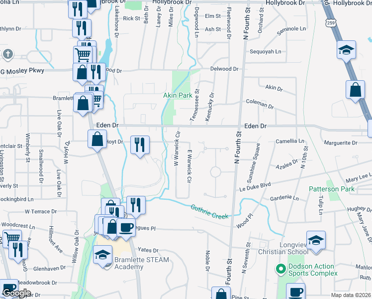 map of restaurants, bars, coffee shops, grocery stores, and more near 2011 East Warwick Circle in Longview