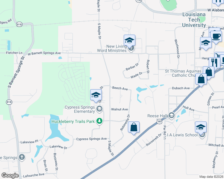 map of restaurants, bars, coffee shops, grocery stores, and more near 901 South Maple Street in Ruston