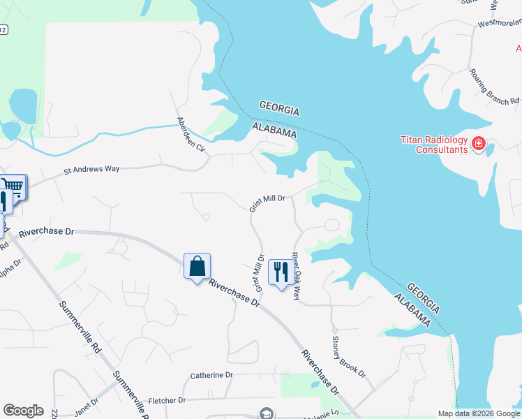 map of restaurants, bars, coffee shops, grocery stores, and more near 1305-1307 Grist Mill Dr in Phenix City