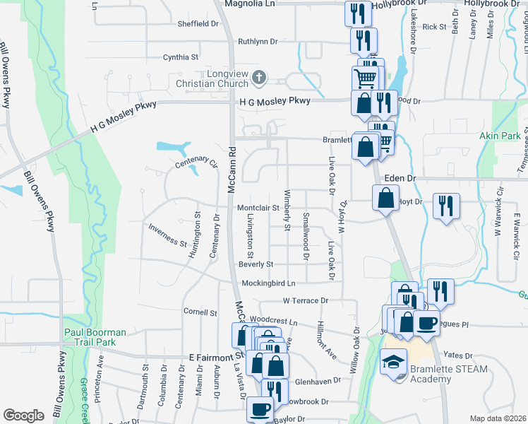map of restaurants, bars, coffee shops, grocery stores, and more near 2005 Cardinal Street in Longview