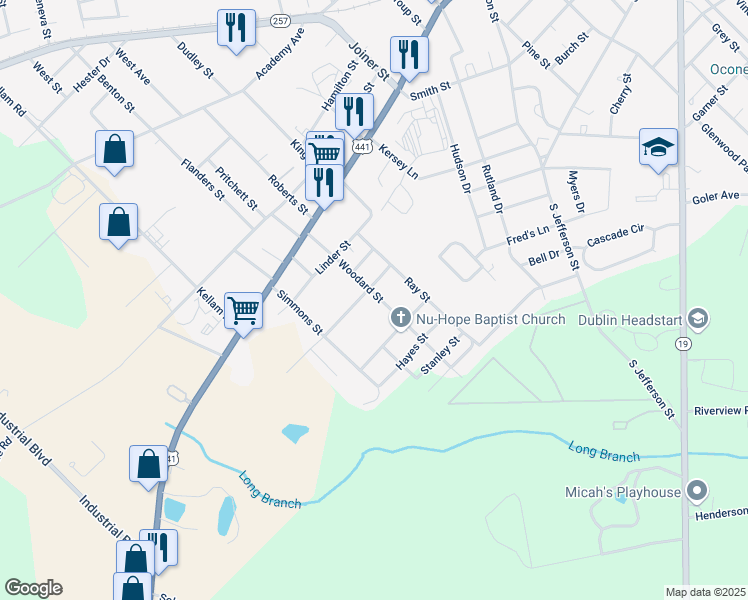 map of restaurants, bars, coffee shops, grocery stores, and more near 402 Woodard Street in Dublin