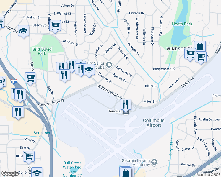 map of restaurants, bars, coffee shops, grocery stores, and more near 3207 West Britt David Road in Columbus