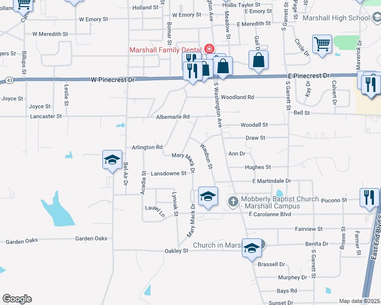 map of restaurants, bars, coffee shops, grocery stores, and more near 2818 Mary Mack Drive in Marshall