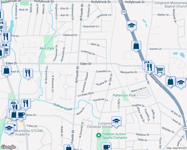 map of restaurants, bars, coffee shops, grocery stores, and more near 2011 Wood Place in Longview