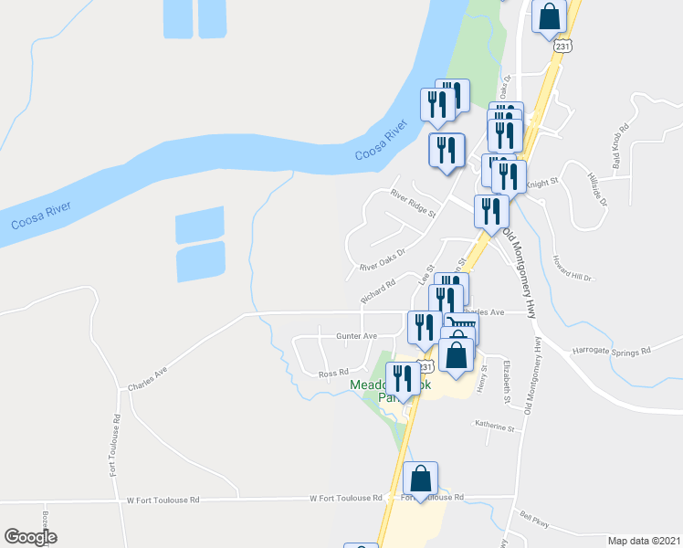 map of restaurants, bars, coffee shops, grocery stores, and more near 904 Oak Crest Ct in Wetumpka