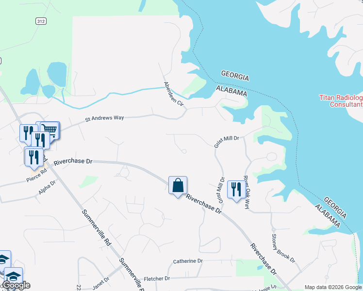 map of restaurants, bars, coffee shops, grocery stores, and more near St Andrews Way in Phenix City