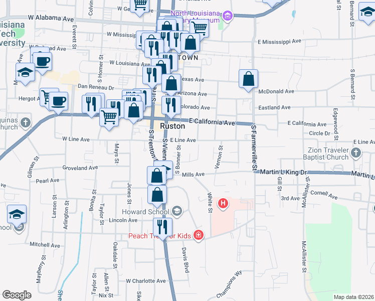 map of restaurants, bars, coffee shops, grocery stores, and more near 745 South Bonner Street in Ruston