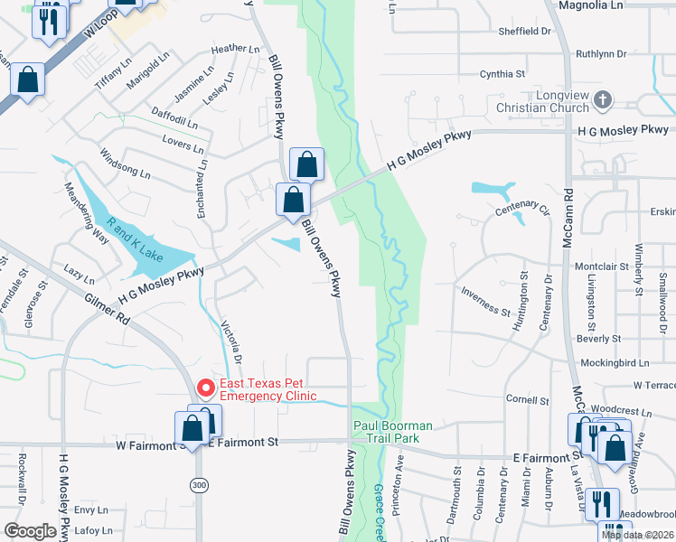 map of restaurants, bars, coffee shops, grocery stores, and more near 1500 Bill Owens Parkway in Longview