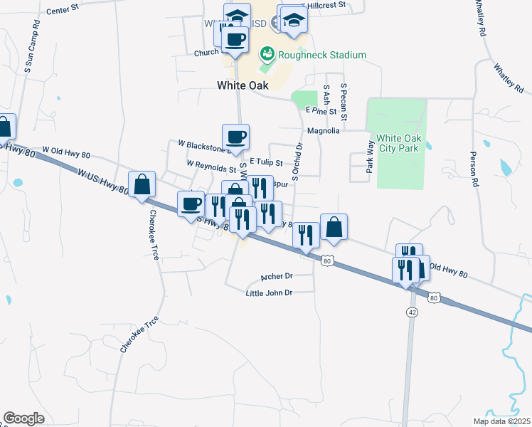 map of restaurants, bars, coffee shops, grocery stores, and more near 105 East Old US 80 in White Oak