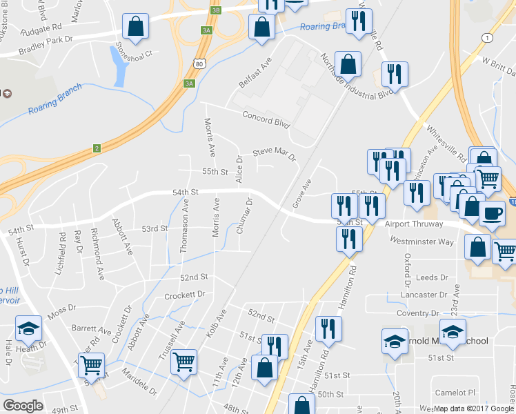 map of restaurants, bars, coffee shops, grocery stores, and more near 1230 54th Street in Columbus