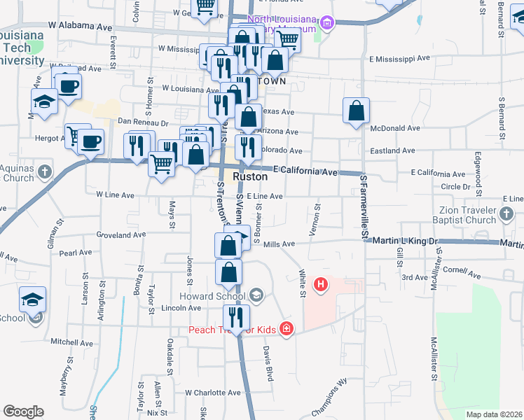 map of restaurants, bars, coffee shops, grocery stores, and more near 745 South Bonner Street in Ruston