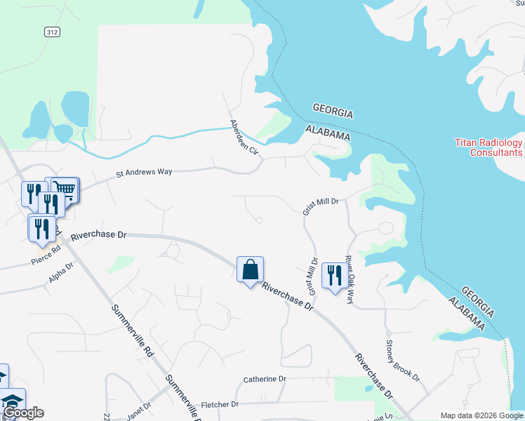 map of restaurants, bars, coffee shops, grocery stores, and more near St Andrews Way in Phenix City