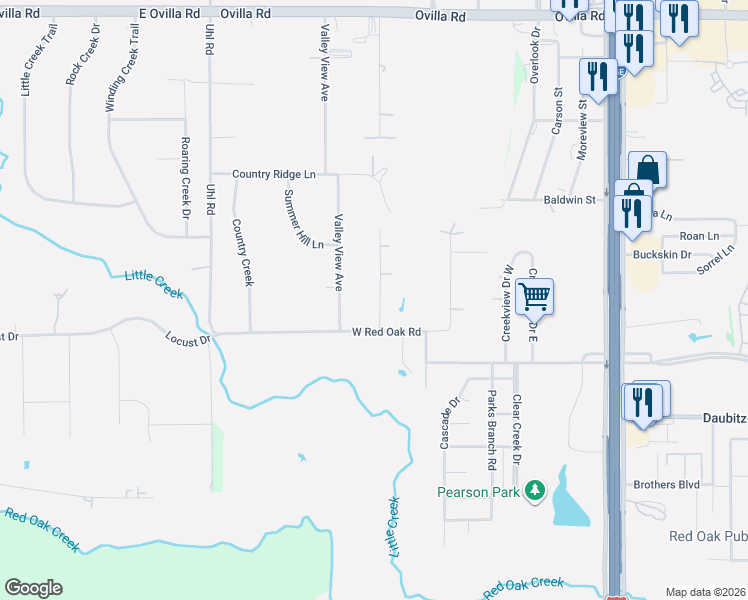 map of restaurants, bars, coffee shops, grocery stores, and more near 105 Country Ridge Court in Red Oak