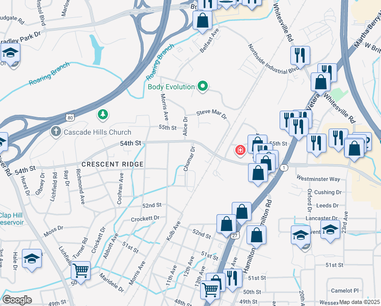 map of restaurants, bars, coffee shops, grocery stores, and more near 1230 54th Street in Columbus
