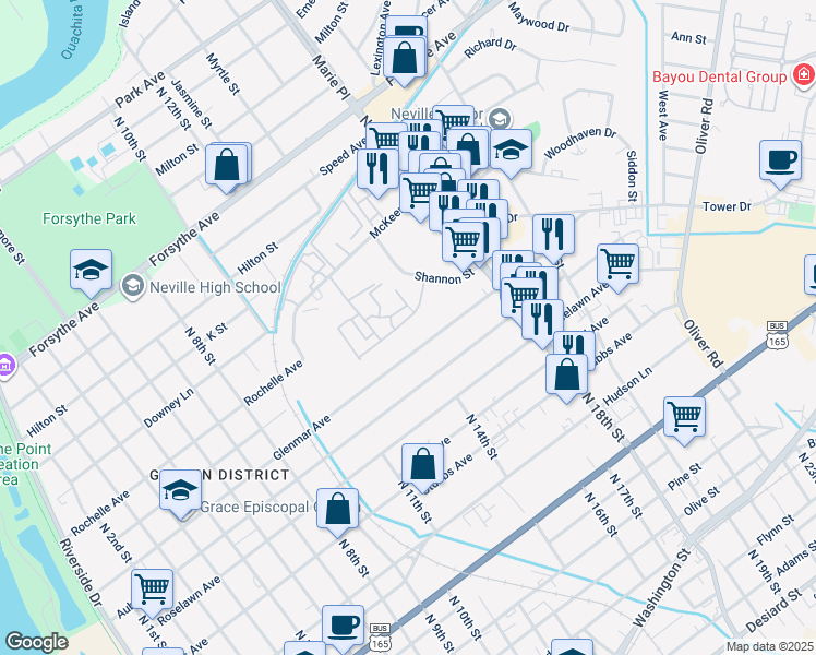 map of restaurants, bars, coffee shops, grocery stores, and more near 1466 Erin Street in Monroe