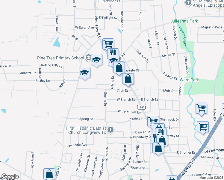 map of restaurants, bars, coffee shops, grocery stores, and more near 414 Birch Drive in Longview