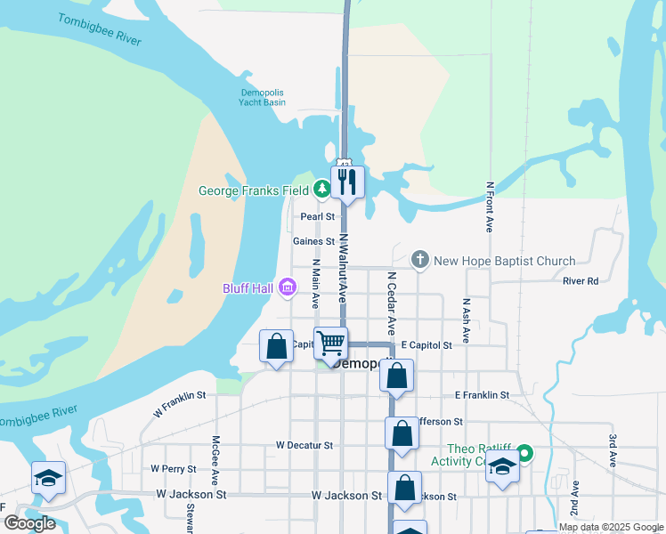 map of restaurants, bars, coffee shops, grocery stores, and more near 101 West Fulton Street in Demopolis