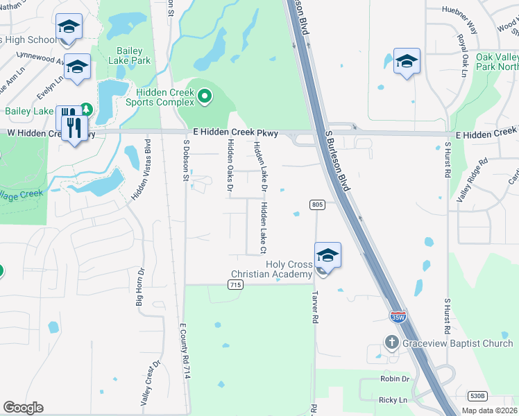 map of restaurants, bars, coffee shops, grocery stores, and more near 1044 Hidden Lake Dr in Burleson