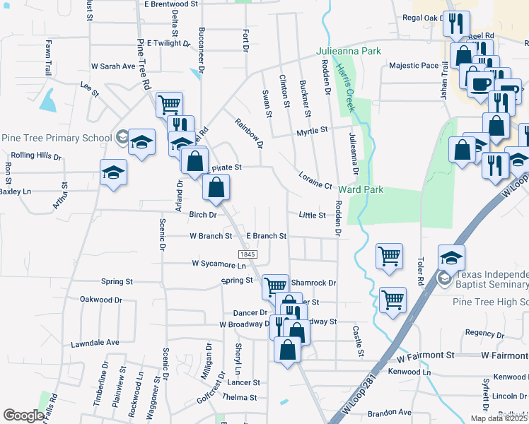 map of restaurants, bars, coffee shops, grocery stores, and more near 207 East Sycamore Lane in Longview