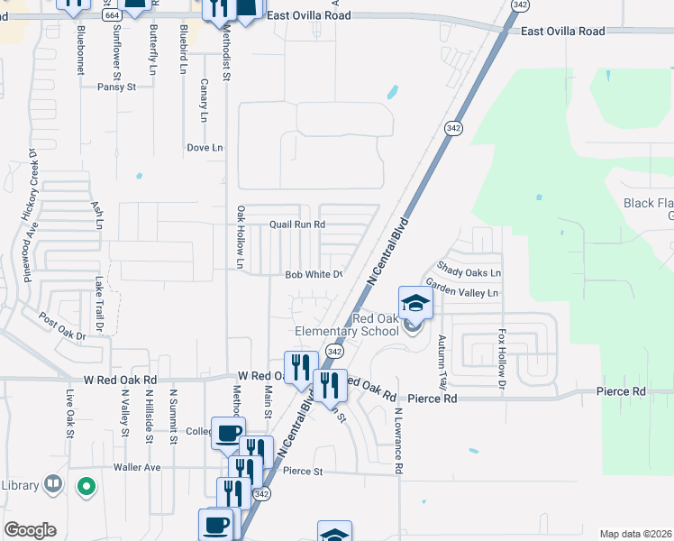 map of restaurants, bars, coffee shops, grocery stores, and more near 101 Thorncreek Circle in Red Oak
