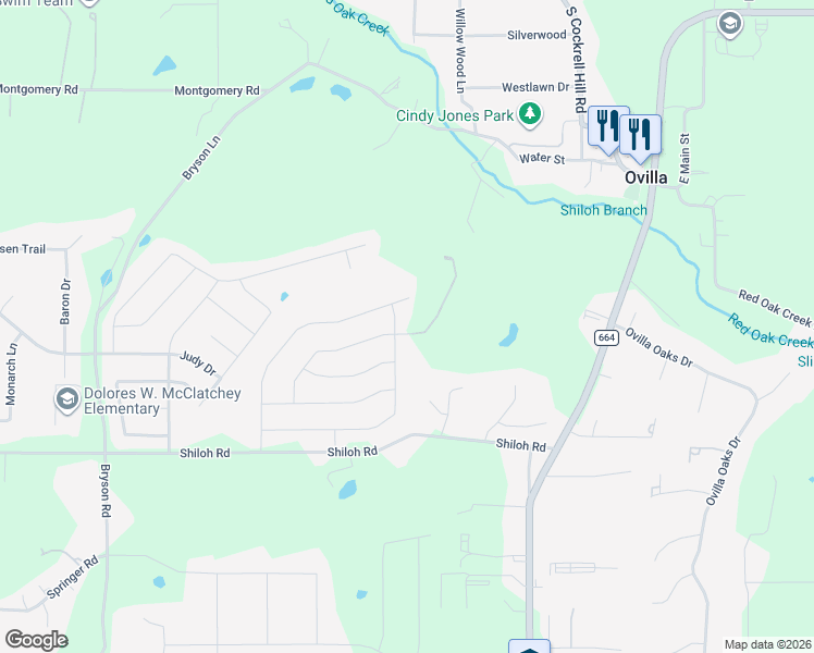 map of restaurants, bars, coffee shops, grocery stores, and more near 253 Williamsburg Lane in Red Oak