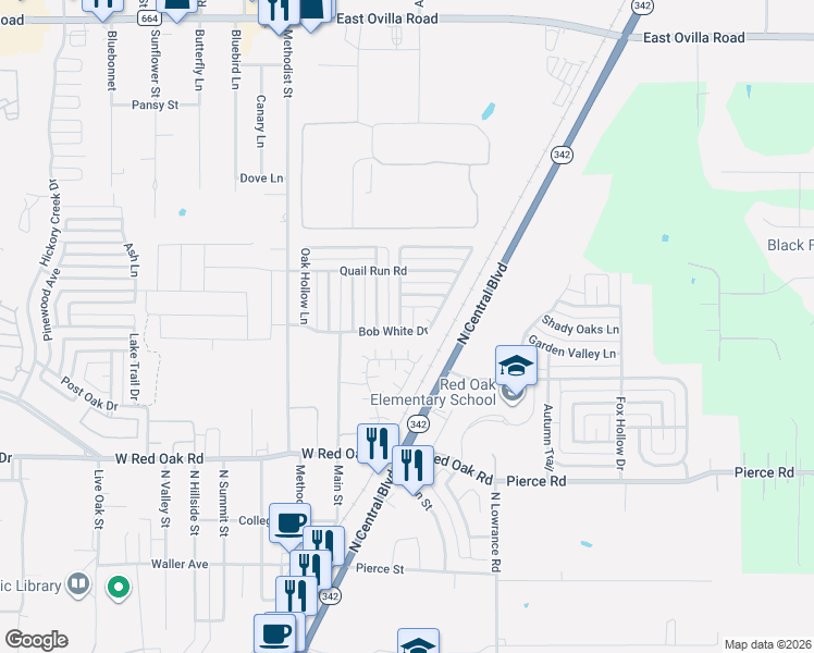map of restaurants, bars, coffee shops, grocery stores, and more near 101 Thorncreek Circle in Red Oak