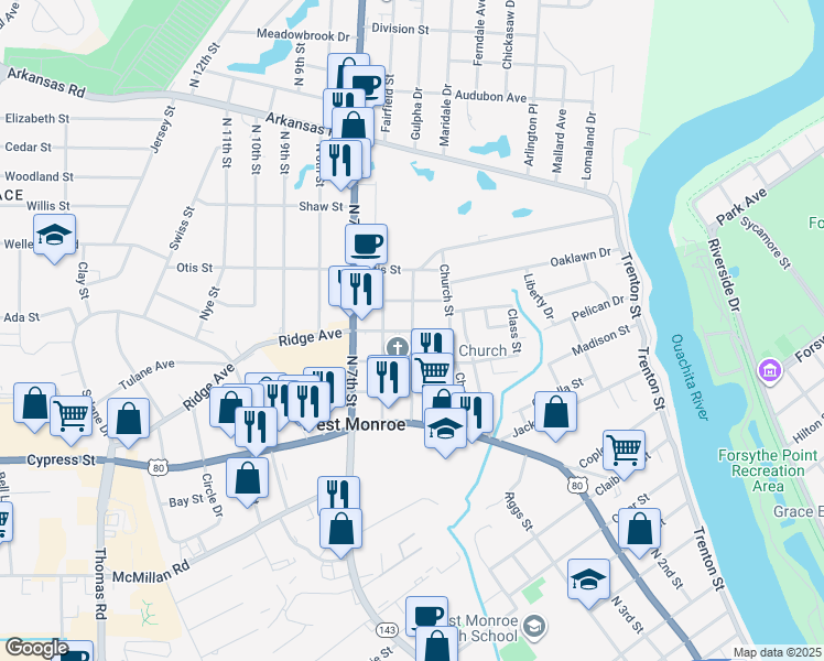 map of restaurants, bars, coffee shops, grocery stores, and more near 400 Flanagan Street in West Monroe