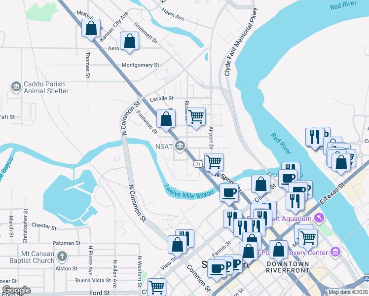 map of restaurants, bars, coffee shops, grocery stores, and more near 155 Cadillac Street in Shreveport