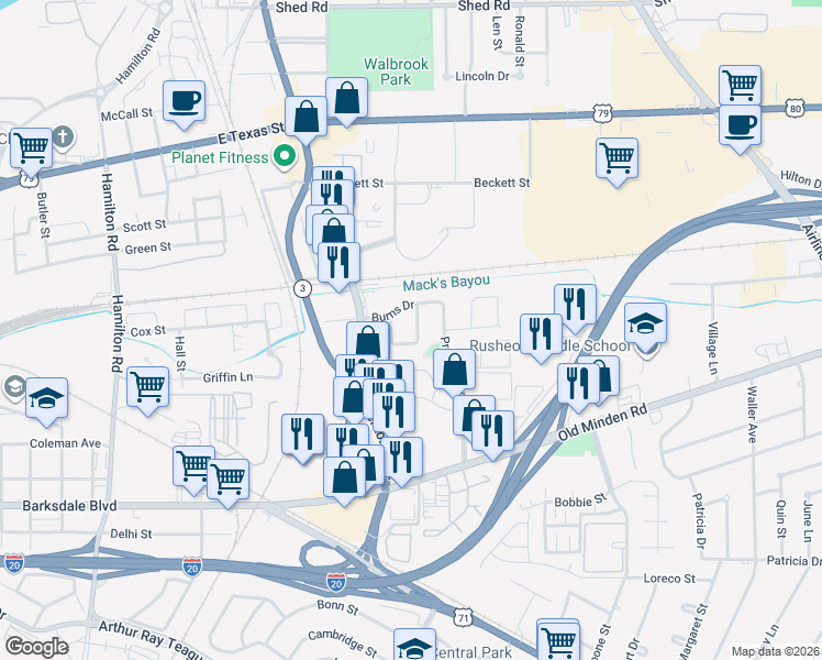 map of restaurants, bars, coffee shops, grocery stores, and more near 506 Yale Place in Bossier City