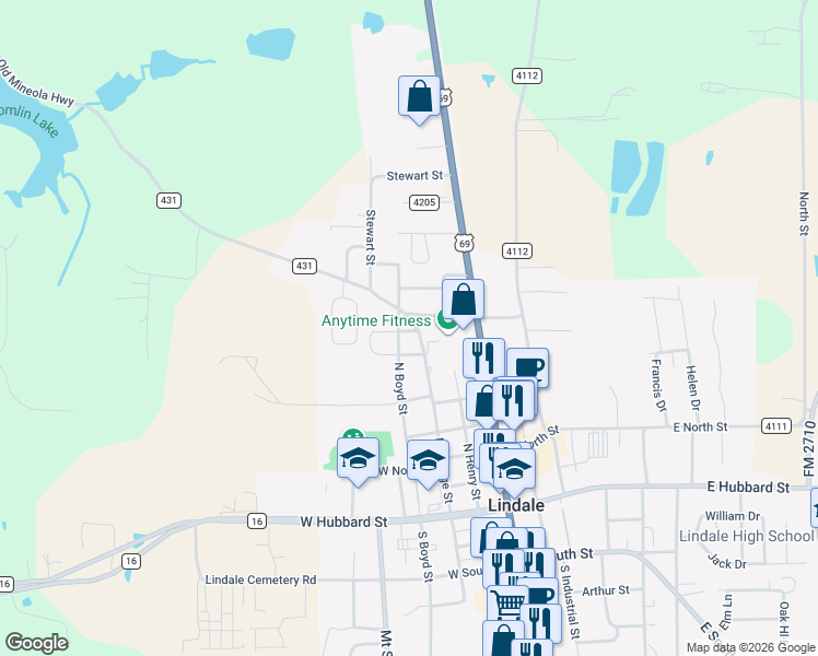 map of restaurants, bars, coffee shops, grocery stores, and more near 700 North College Street in Lindale